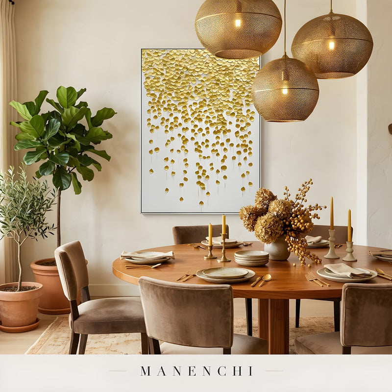 Gilded Petal Descent abstract painting displayed in dining room table setting
