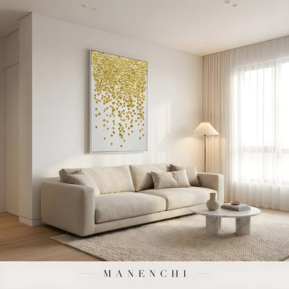 Gilded Petal Descent abstract painting displayed in modern living room interior