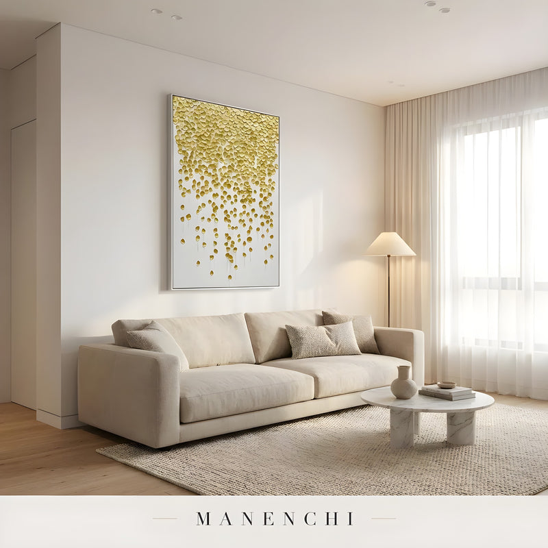 Gilded Petal Descent abstract painting displayed in modern living room interior