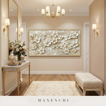 Gilded Petal Radiance abstract painting displayed in elegant hallway console table