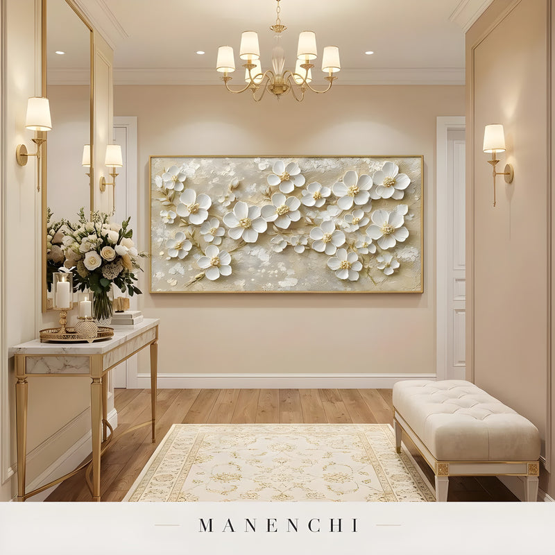 Gilded Petal Radiance abstract painting displayed in elegant hallway console table