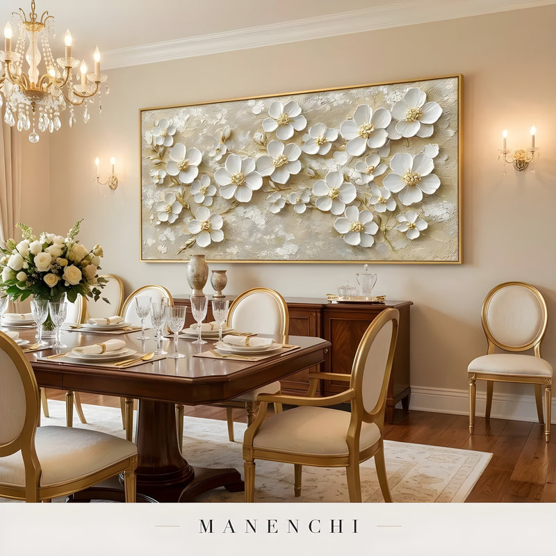 Gilded Petal Radiance abstract painting displayed in formal dining room wall art