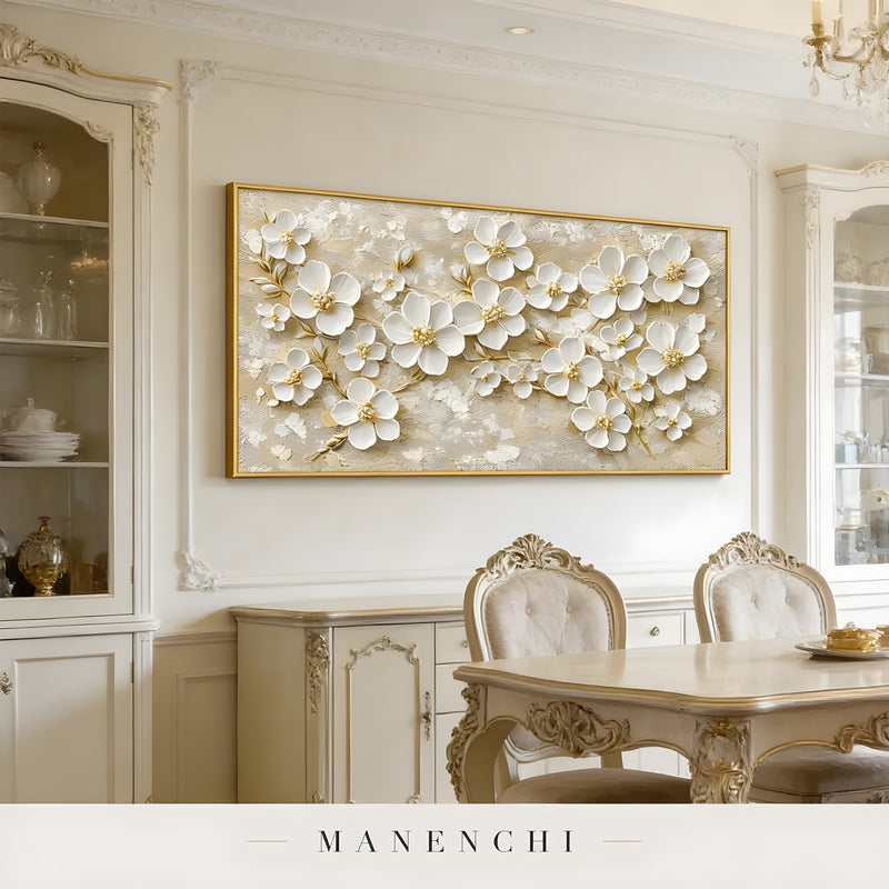 Gilded Petal Radiance abstract painting displayed in luxury dining room decor