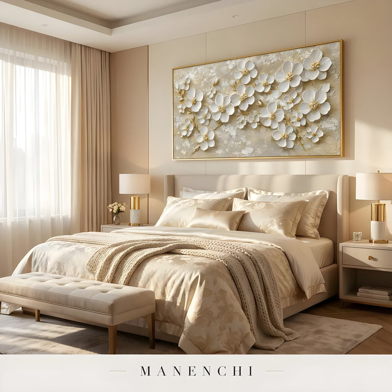 Gilded Petal Radiance abstract painting displayed in neutral bedroom interior design