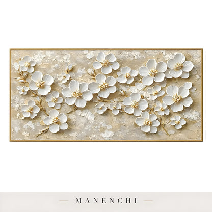 Close-up detail of the textured brushwork in Gilded Petal Radiance