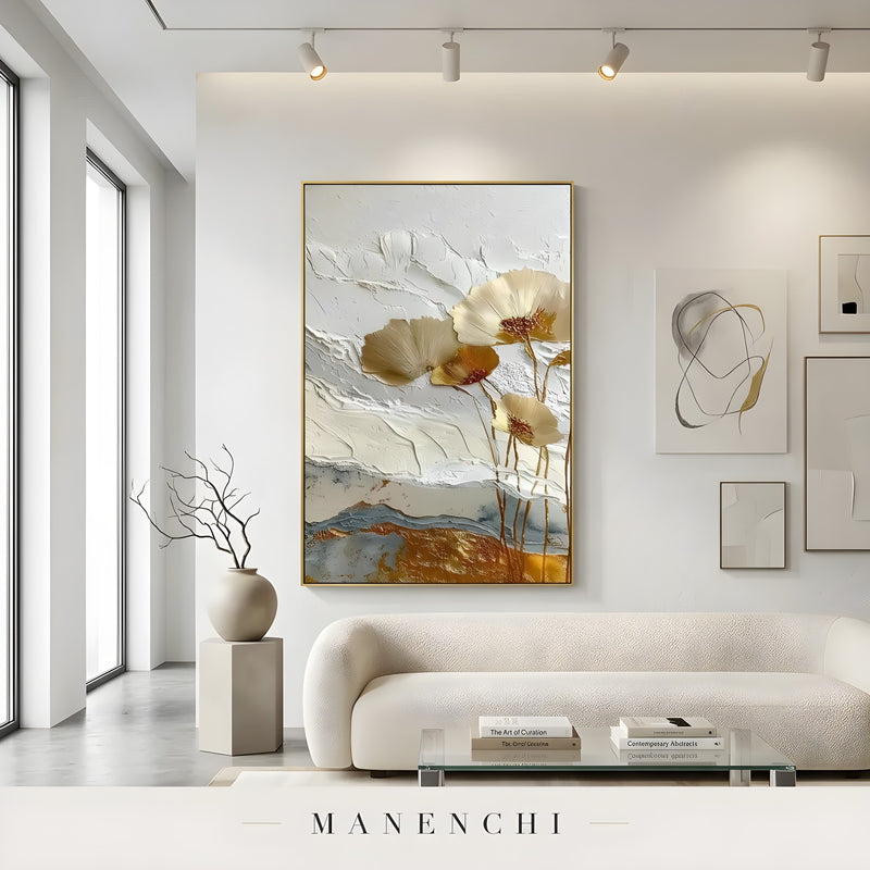 Gilded Petal Reverie abstract painting displayed in gallery wall interior setting