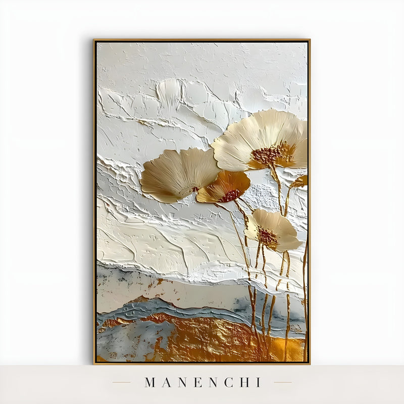 Gilded Petal Reverie abstract painting displayed in isolated framed painting product