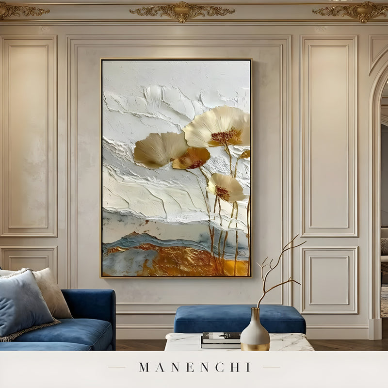 Gilded Petal Reverie abstract painting displayed in luxury living room display