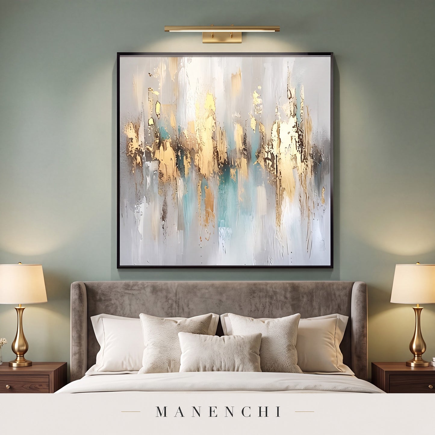 Gilded Serenity abstract painting displayed in a modern bedroom