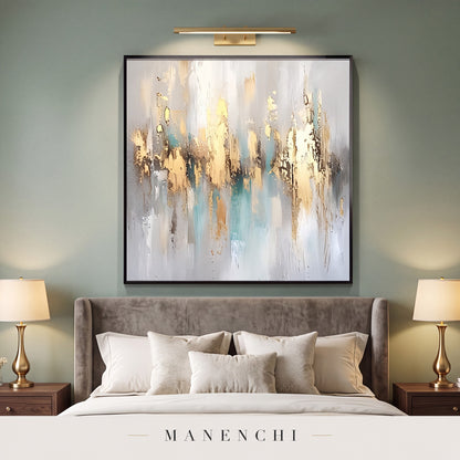 Gilded Serenity abstract painting displayed in a modern bedroom