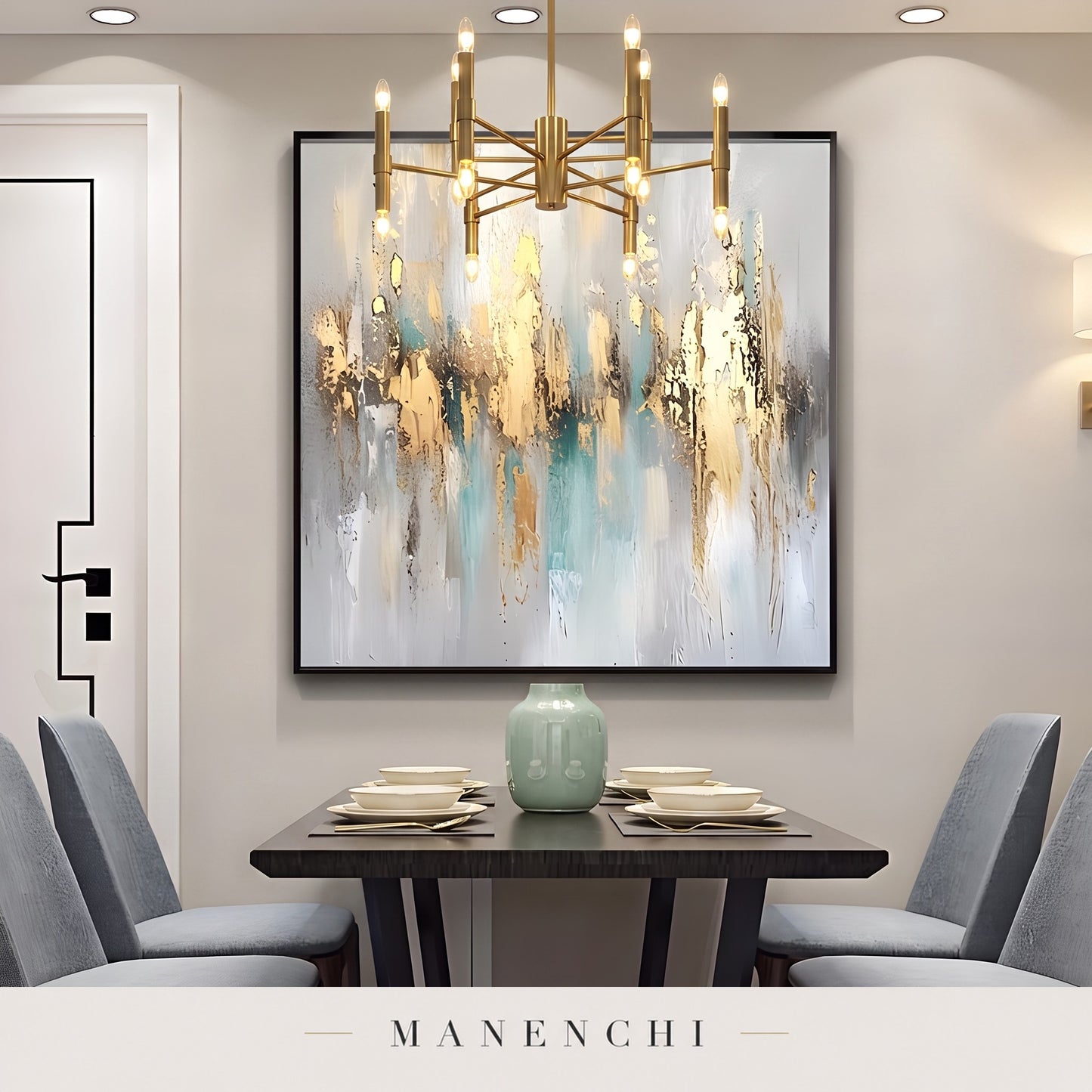 Gilded Serenity abstract painting displayed in a dining room
