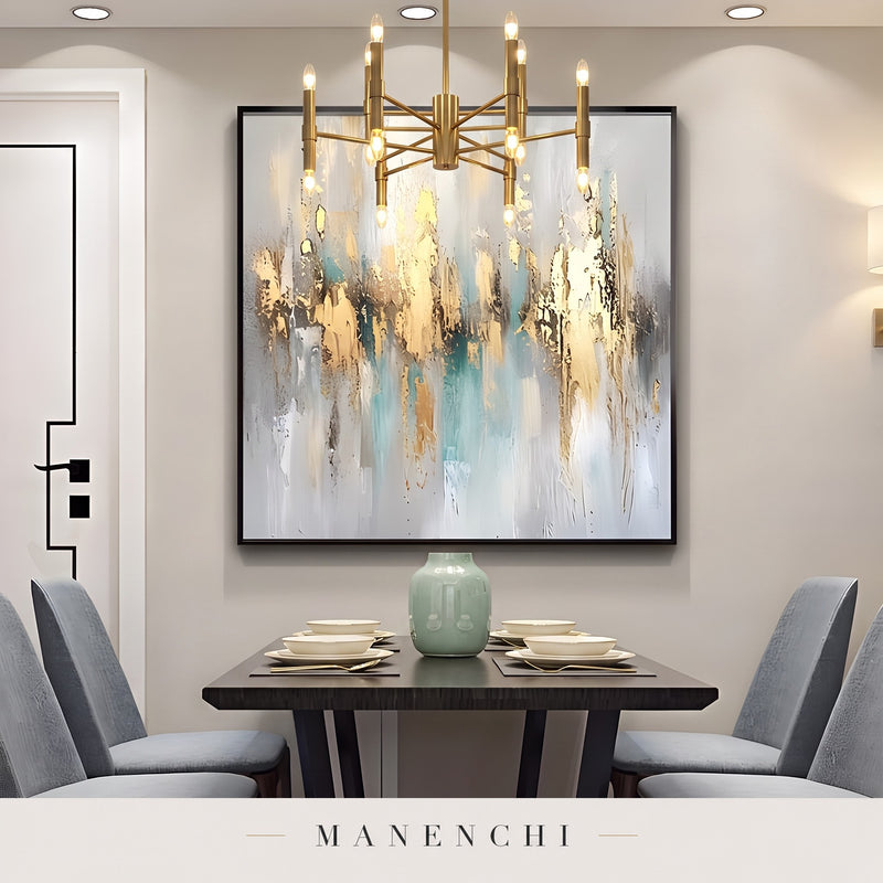 Gilded Serenity abstract painting displayed in a dining room
