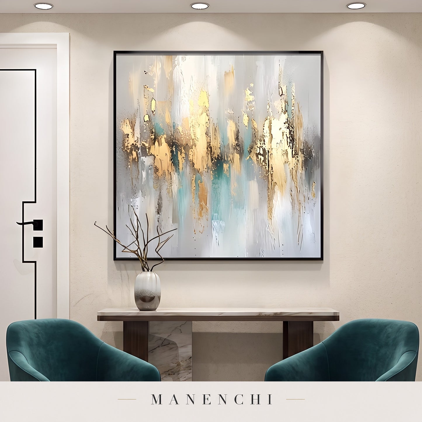 Gilded Serenity abstract painting displayed in a gallery setting