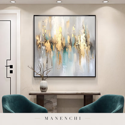 Gilded Serenity abstract painting displayed in a gallery setting