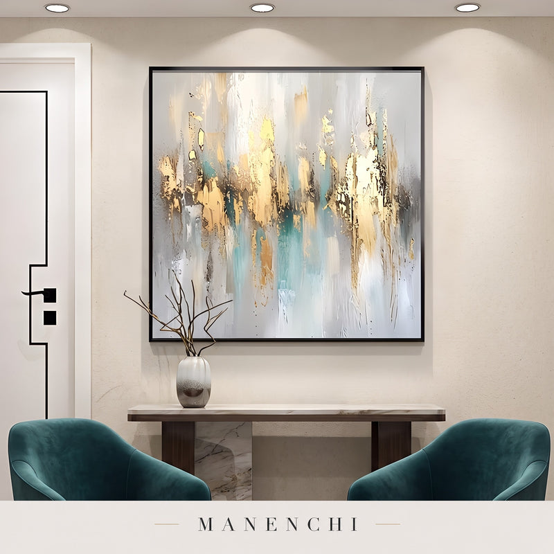 Gilded Serenity abstract painting displayed in a gallery setting