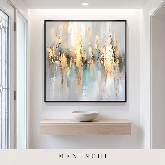 Gilded Serenity abstract painting displayed in a hallway