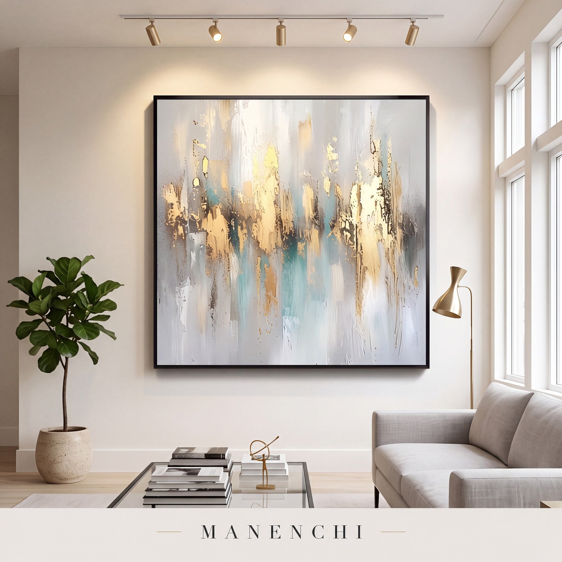 Gilded Serenity abstract painting displayed in a modern living room
