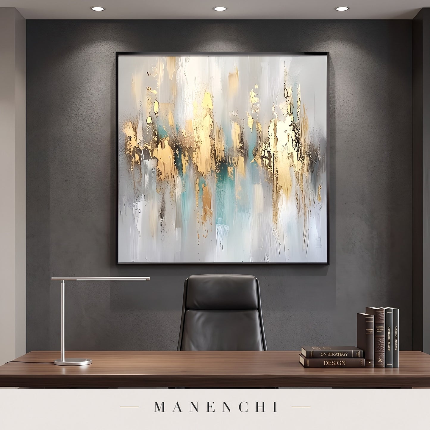 Gilded Serenity abstract painting displayed in a study