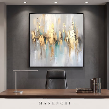 Gilded Serenity abstract painting displayed in a study