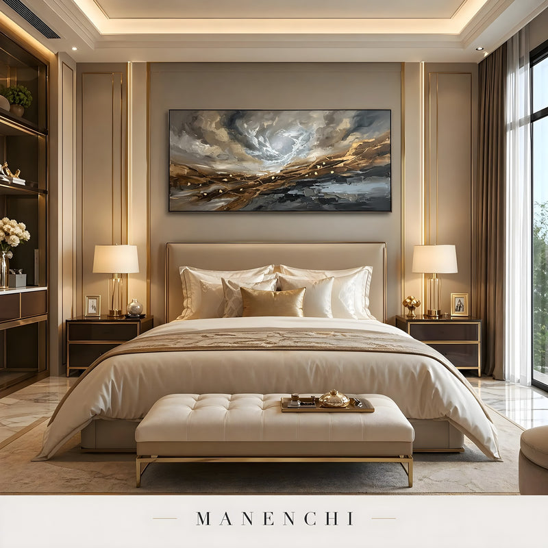 Gilded Tectonic Storm abstract painting displayed in elegant master bedroom interior