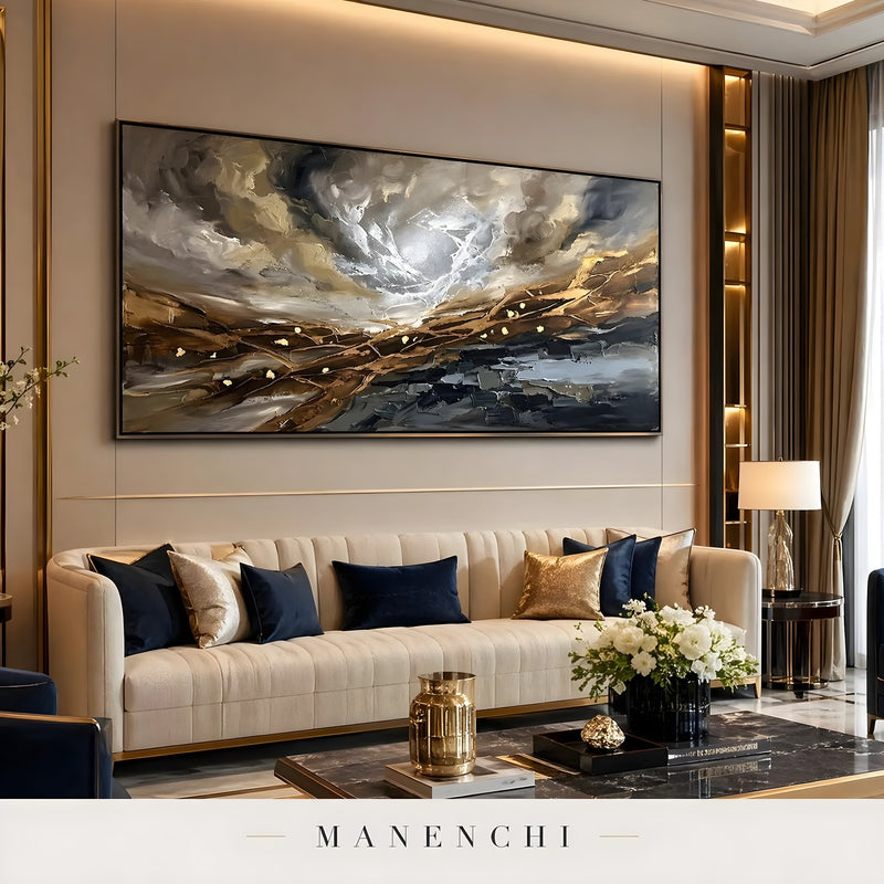 Gilded Tectonic Storm abstract painting displayed in living room sofa display