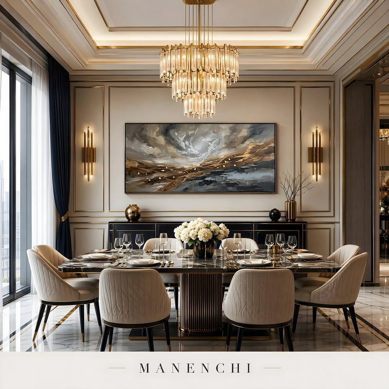 Gilded Tectonic Storm abstract painting displayed in luxury dining room table