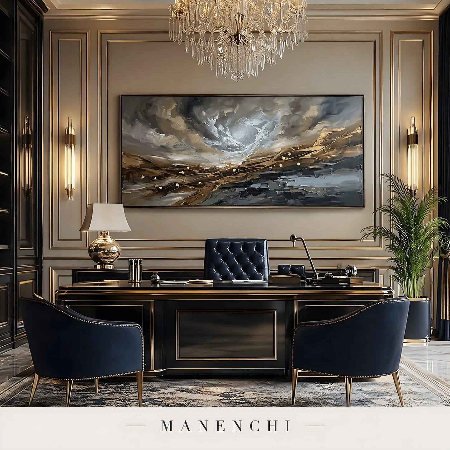 Gilded Tectonic Storm abstract painting displayed in luxury office study room