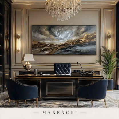 Gilded Tectonic Storm abstract painting displayed in luxury office study room