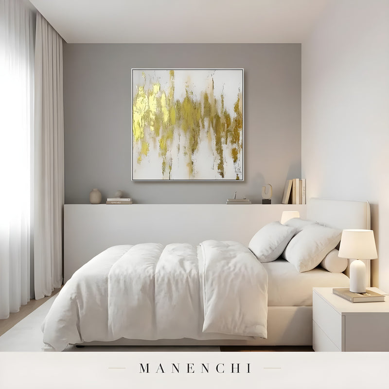Gilded Vertical Radiance abstract painting displayed in bedroom interior design