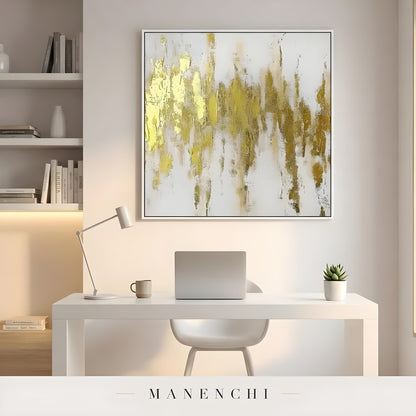 Gilded Vertical Radiance abstract painting displayed in home office desk setup