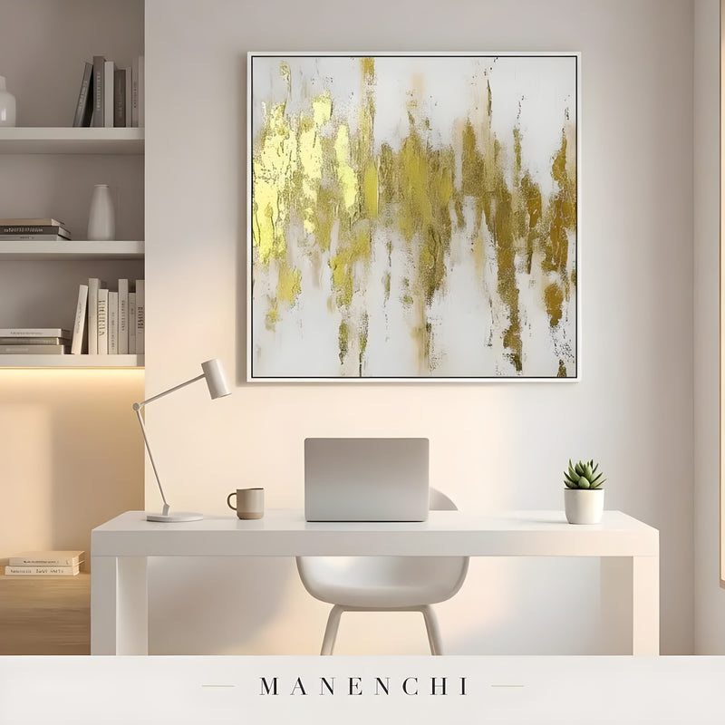 Gilded Vertical Radiance abstract painting displayed in home office desk setup