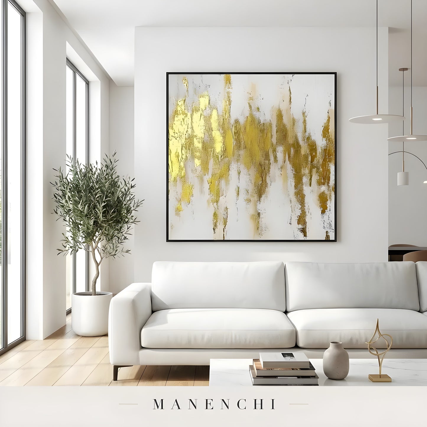 Gilded Vertical Radiance abstract painting displayed in modern living room decor