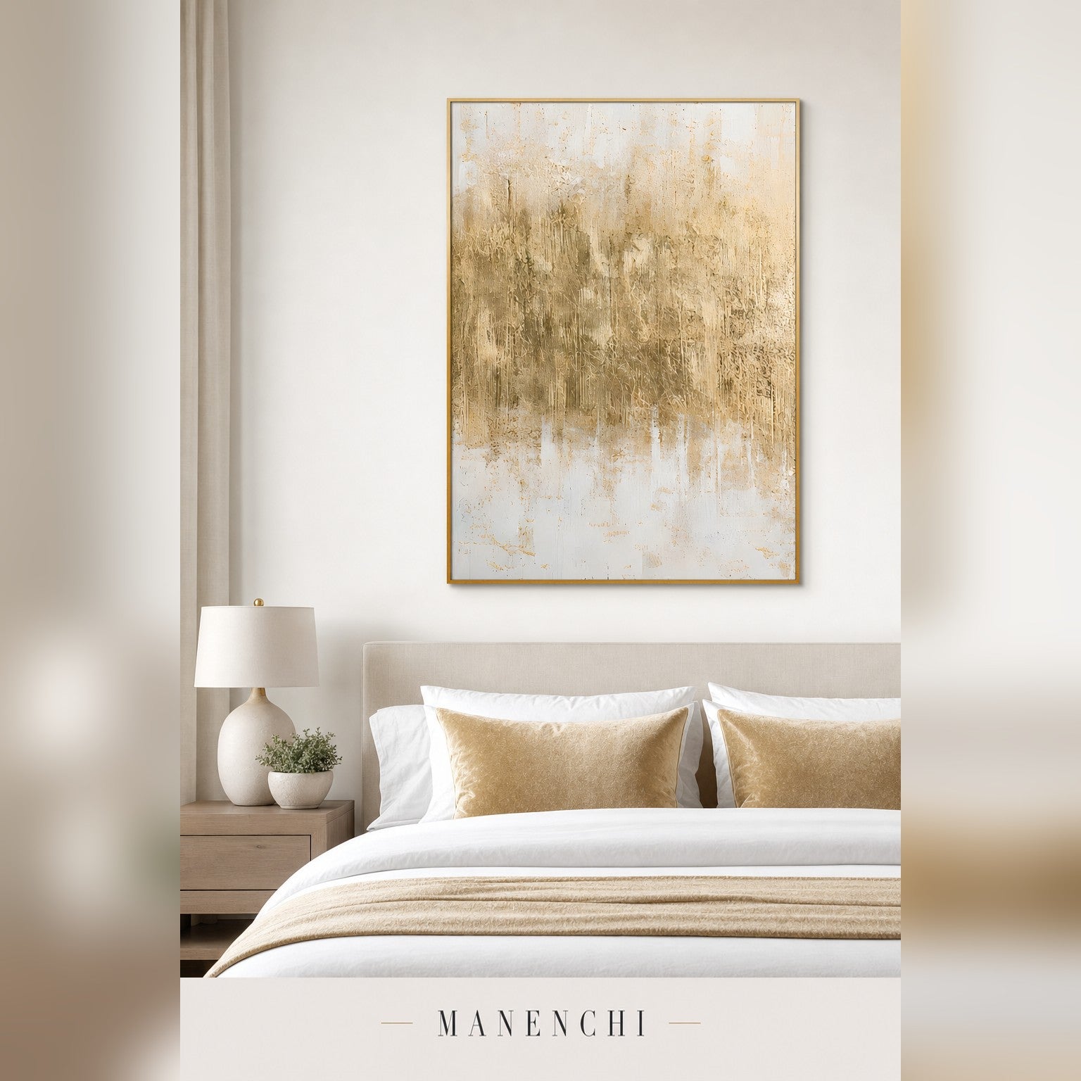 Gilded Whispers abstract painting displayed in a modern bedroom