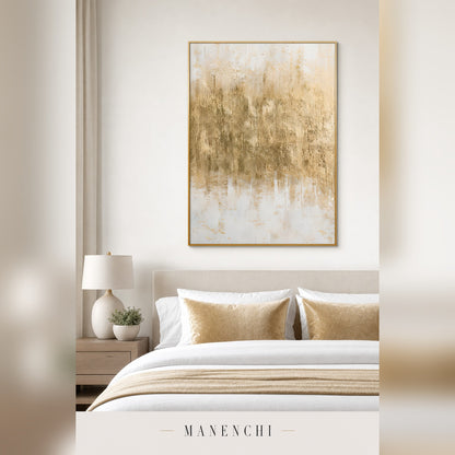 Gilded Whispers abstract painting displayed in a modern bedroom