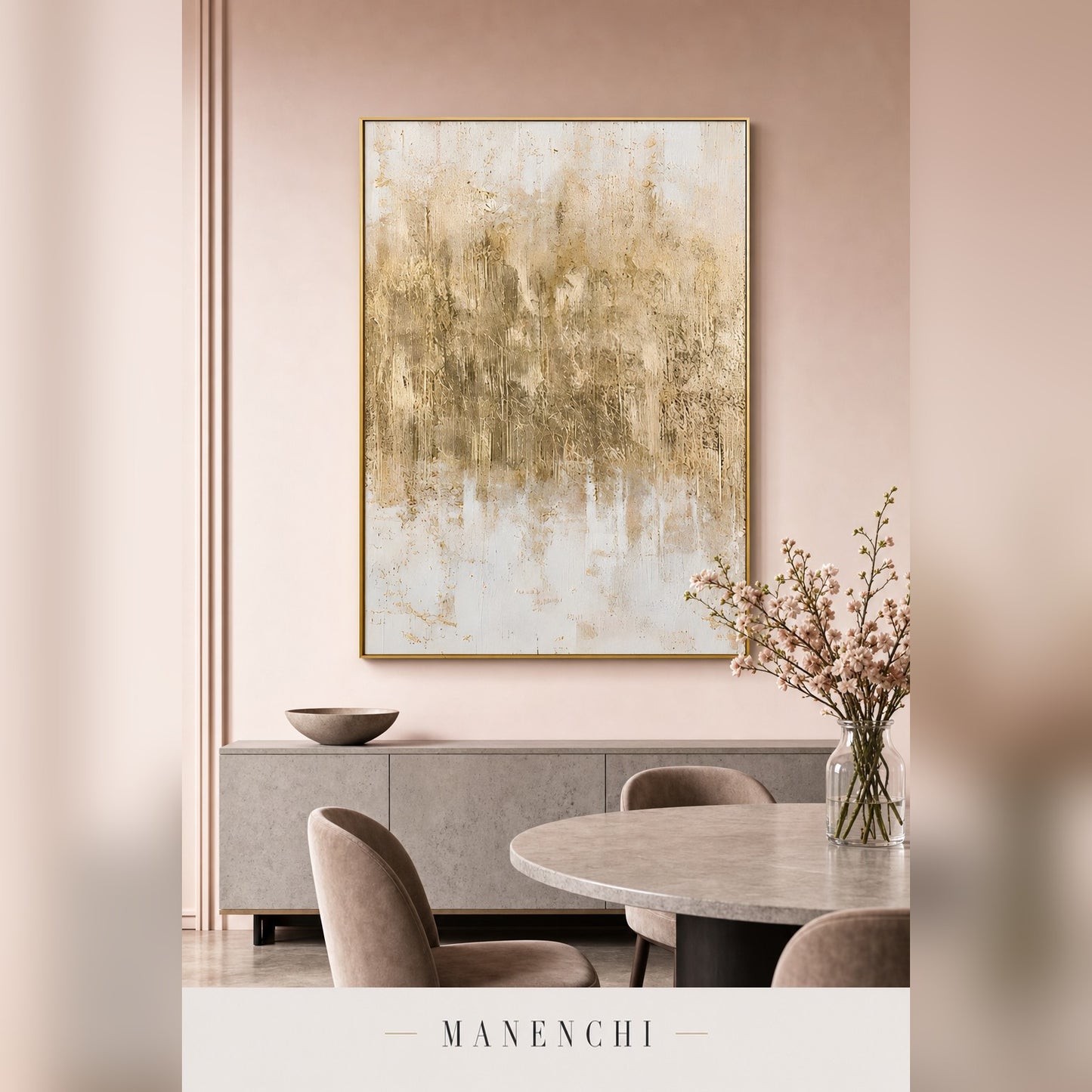 Gilded Whispers abstract painting displayed in a dining room