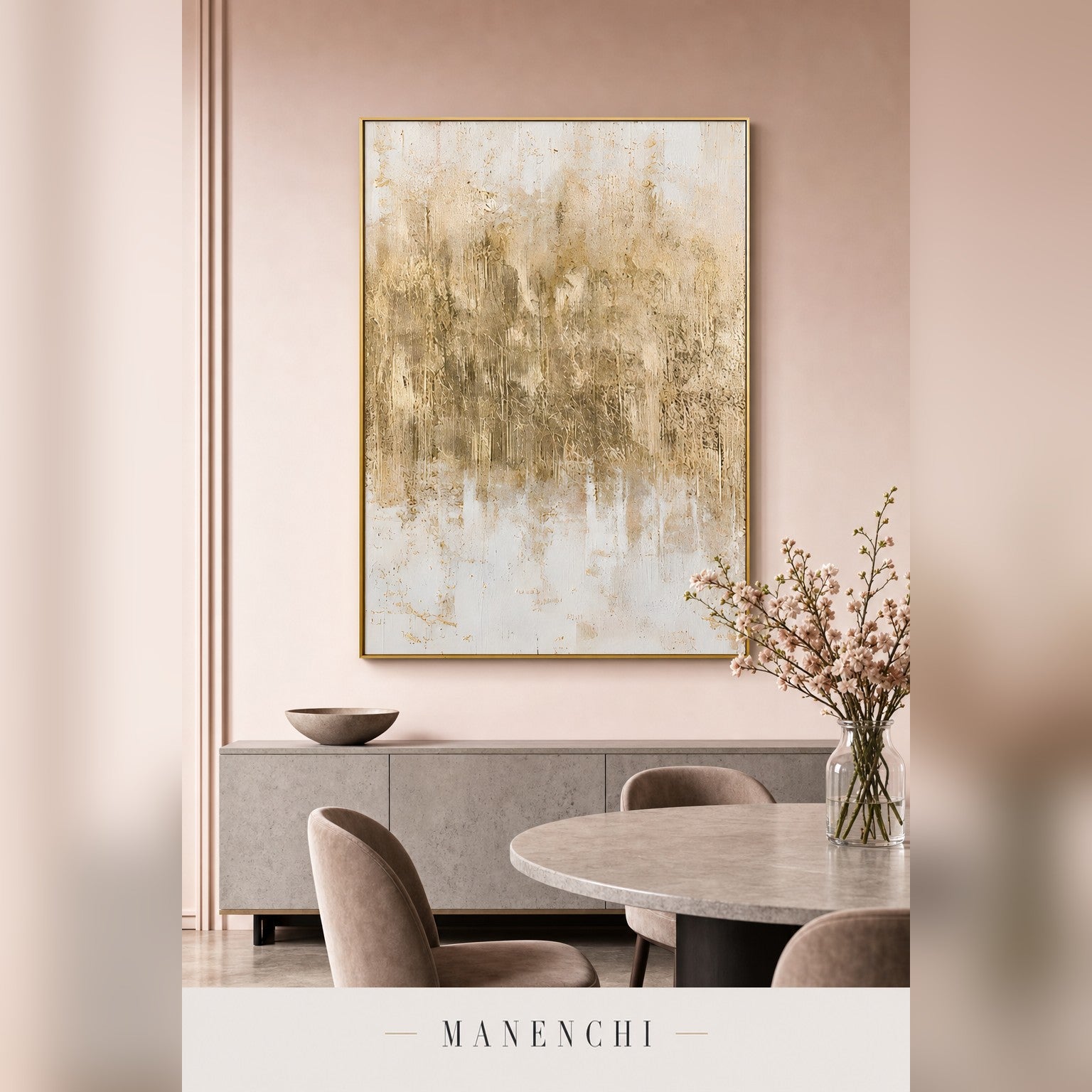 Gilded Whispers abstract painting displayed in a dining room