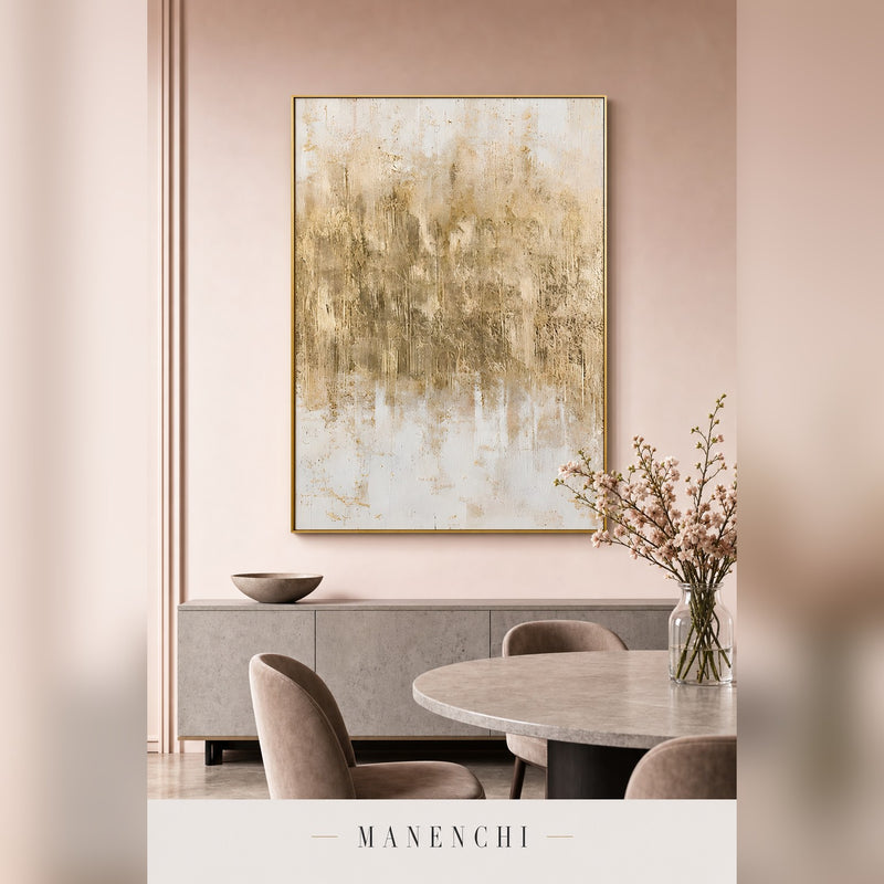 Gilded Whispers abstract painting displayed in a dining room