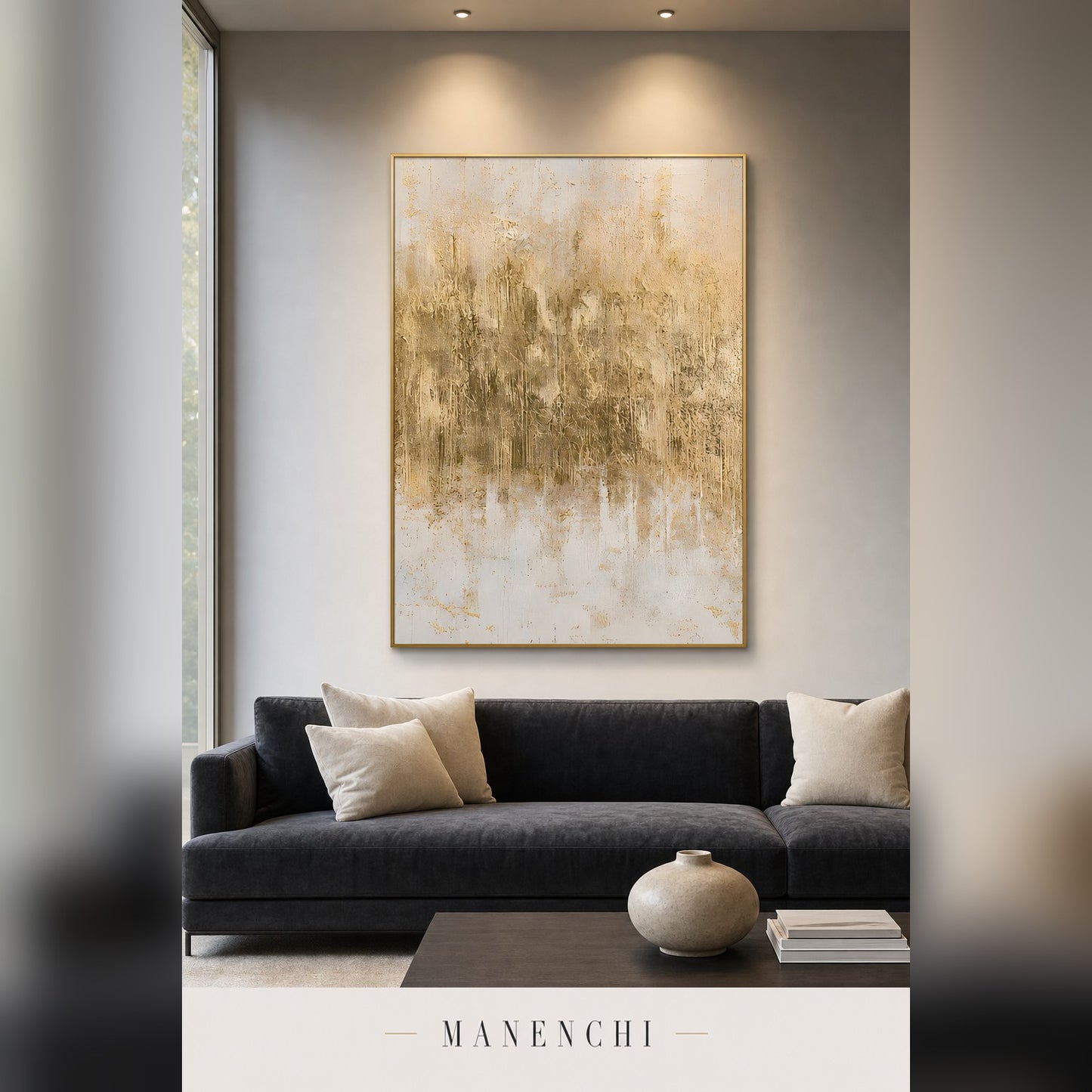 Gilded Whispers abstract painting displayed in a modern living room