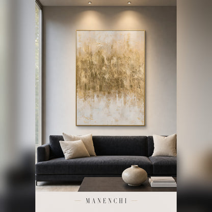 Gilded Whispers abstract painting displayed in a modern living room
