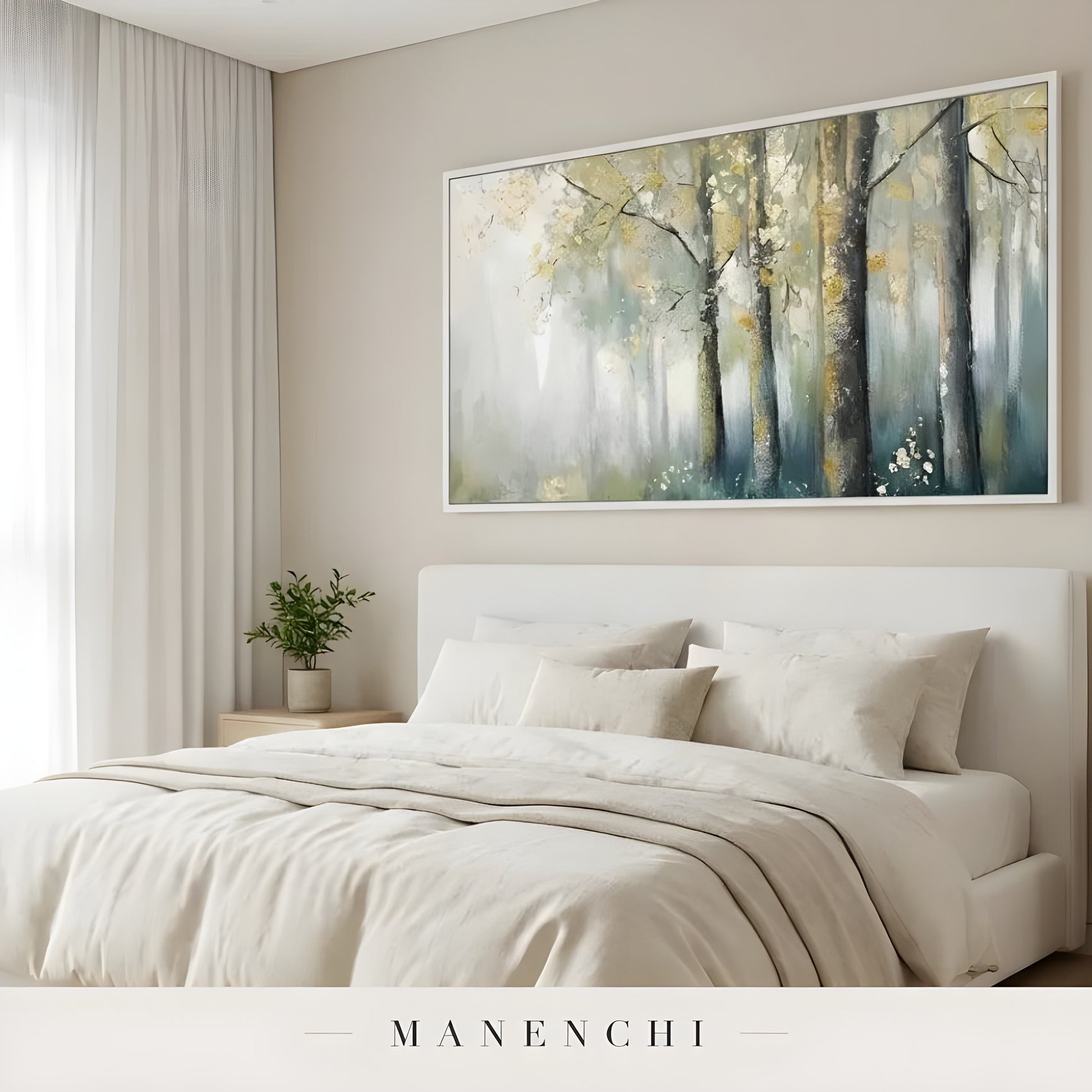Gilded Woodland Mist abstract painting displayed in bedroom interior decor