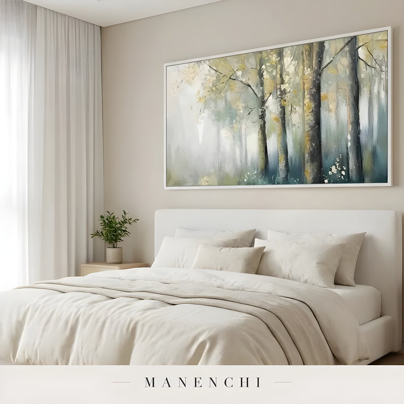 Gilded Woodland Mist abstract painting displayed in bedroom interior decor