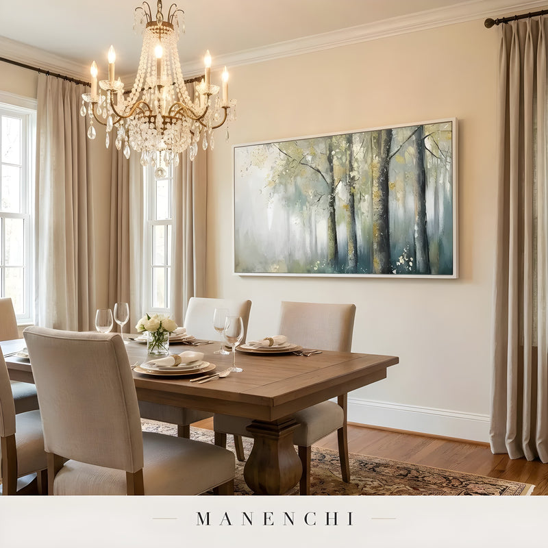 Gilded Woodland Mist abstract painting displayed in elegant dining room setting
