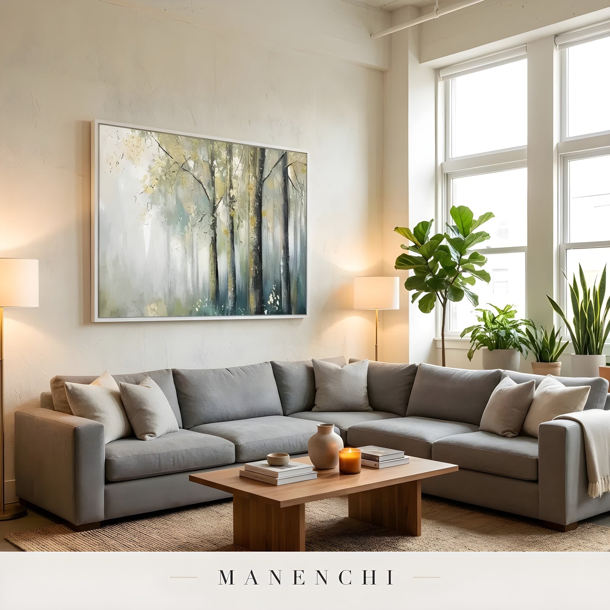 Gilded Woodland Mist abstract painting displayed in gray sectional sofa living