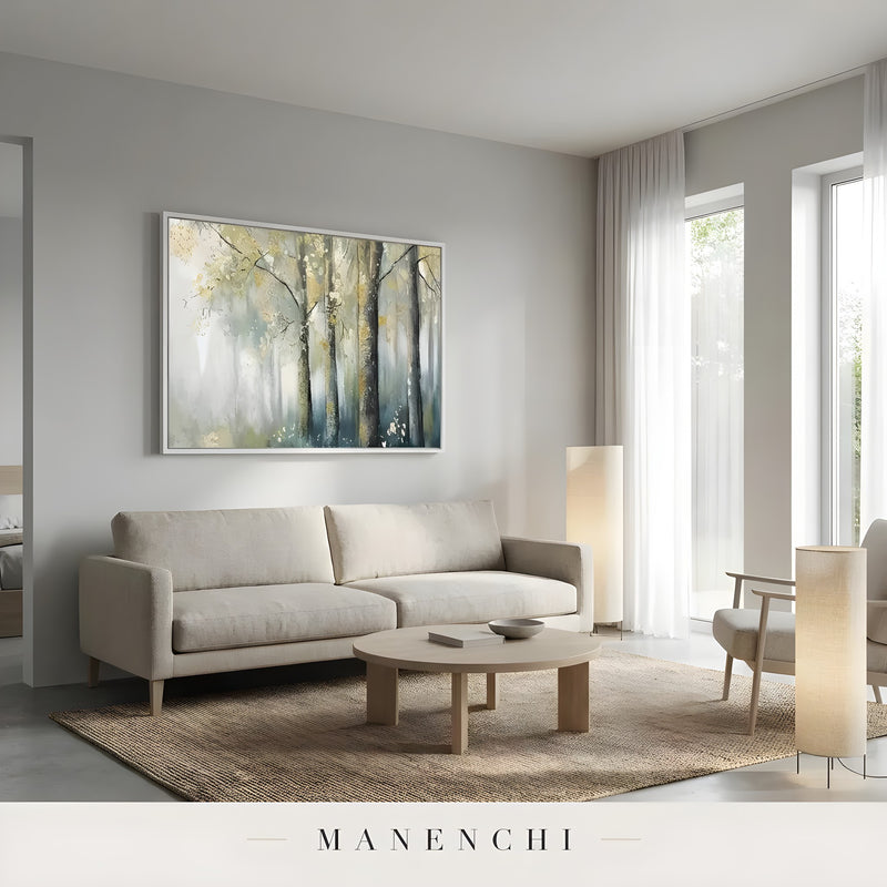 Gilded Woodland Mist abstract painting displayed in living room sofa area