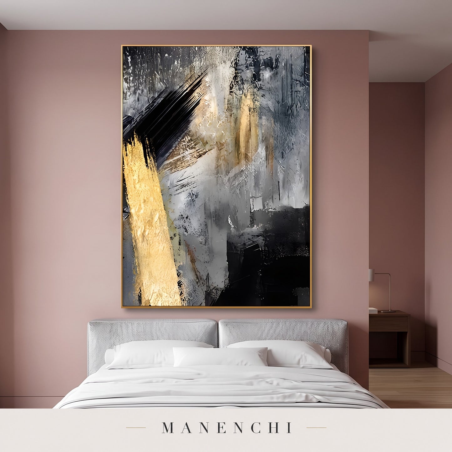 Gold Strike abstract painting displayed in a modern bedroom