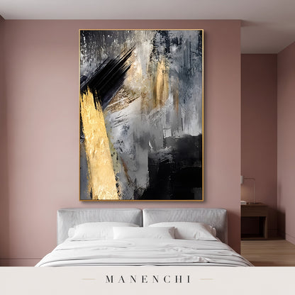 Gold Strike abstract painting displayed in a modern bedroom