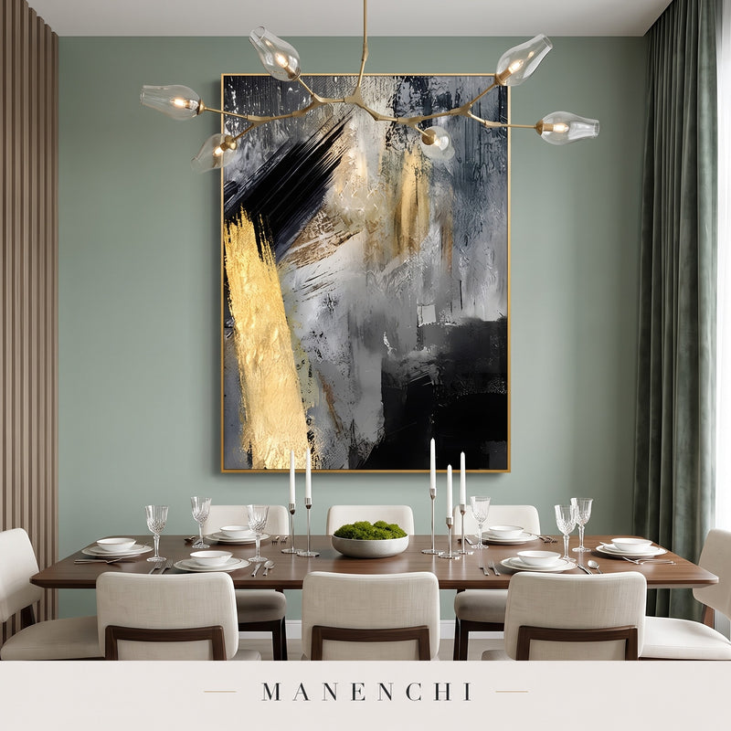 Gold Strike abstract painting displayed in a dining room