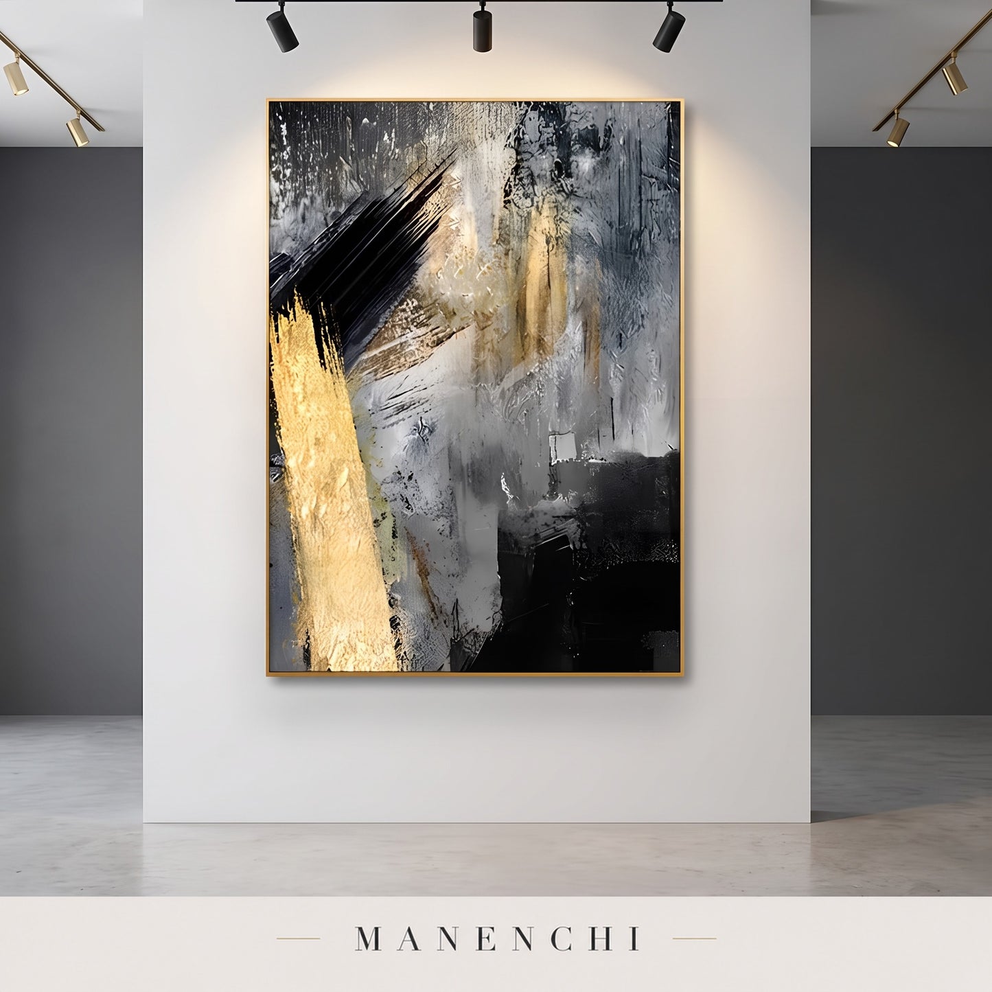 Gold Strike abstract painting displayed in a gallery setting