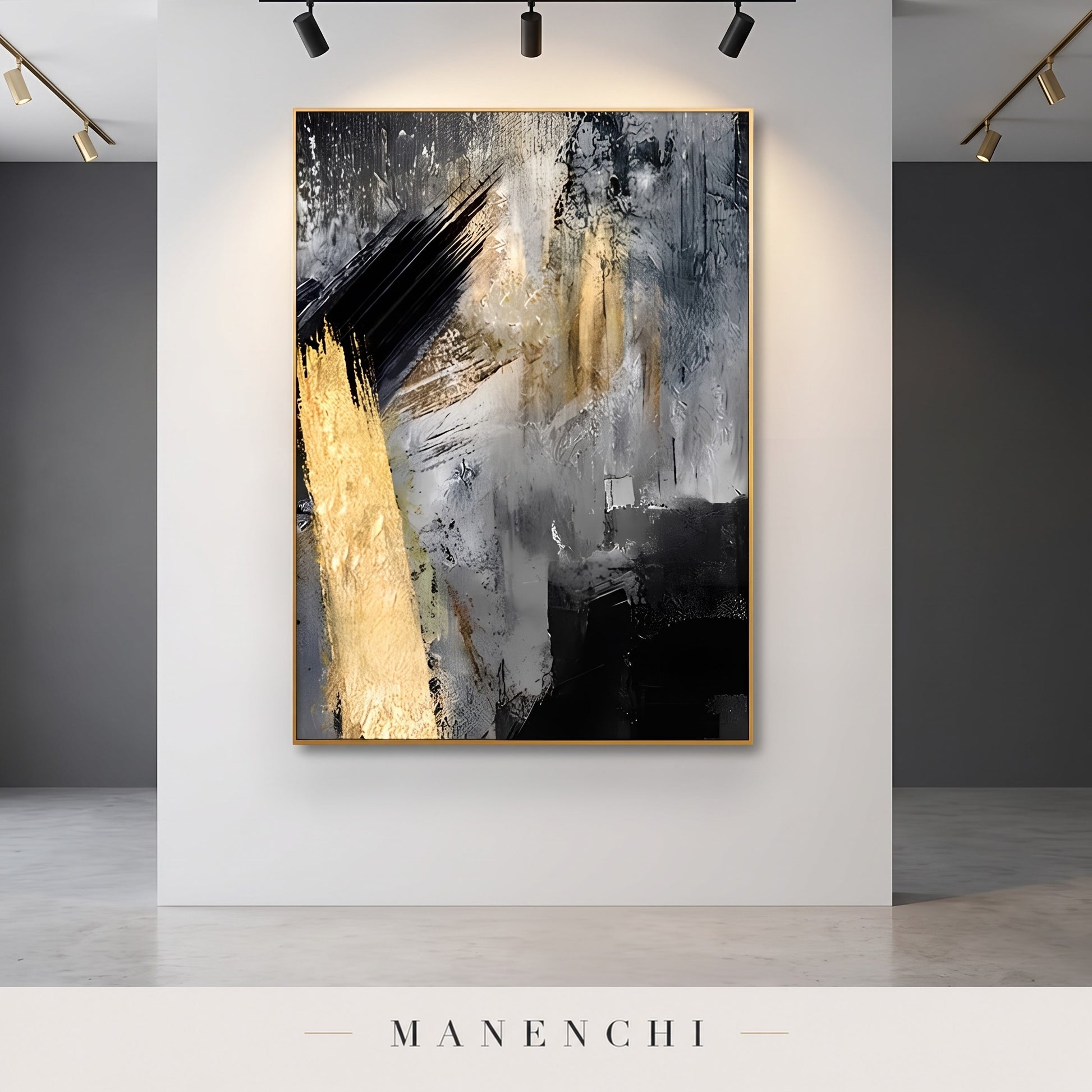 Gold Strike abstract painting displayed in a gallery setting