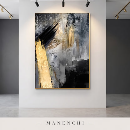 Gold Strike abstract painting displayed in a gallery setting